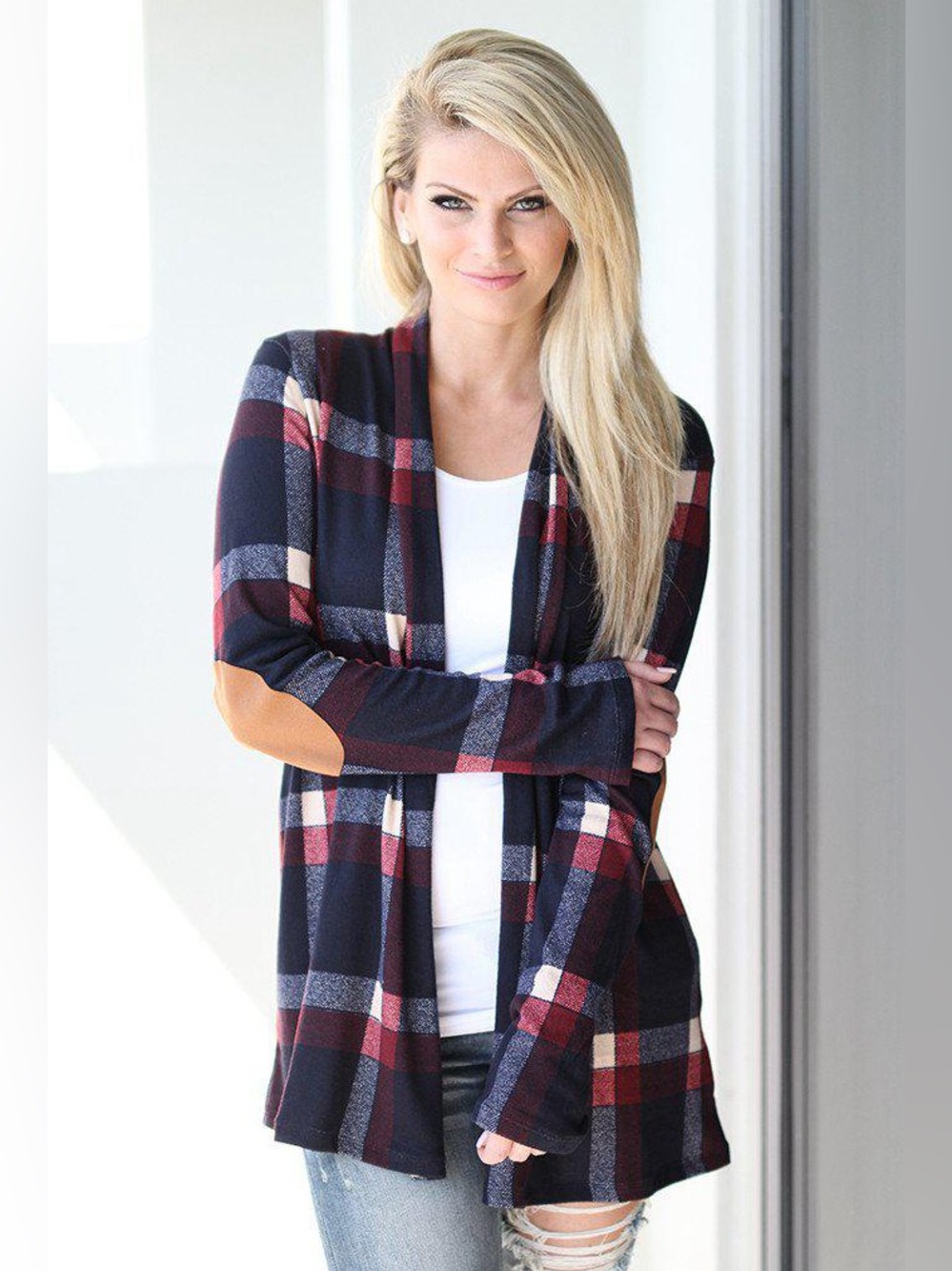 🆕 NWOT Boutique Plaid Open-Front Cardigan with Tan Elbow Patches